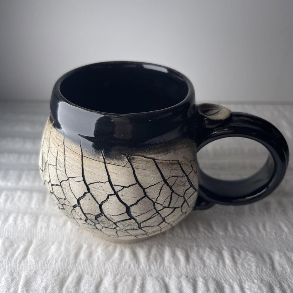 Handmade Black And Cream Crackle Ceramic Rustic Mug Art Pottery Signed